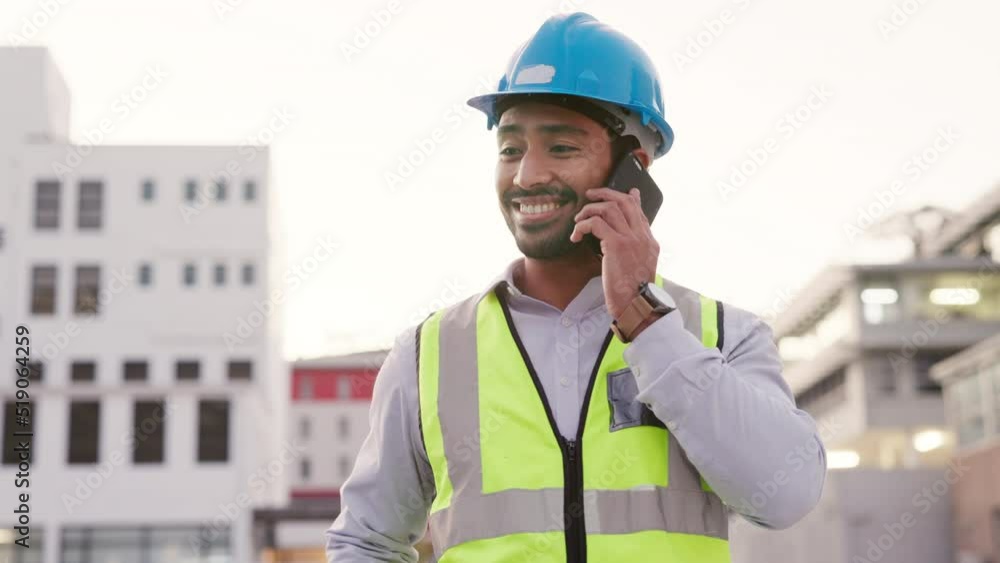 Aufkleber Male engineer and architect overseeing successful development. Contractor and inspector talking on a phone call at a building site. Young manager consulting clients for a construction project outside