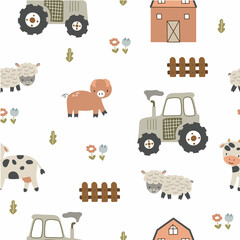 Farm seamless pattern. Vector illustration with tractor, house and pets isolated on white background for your design