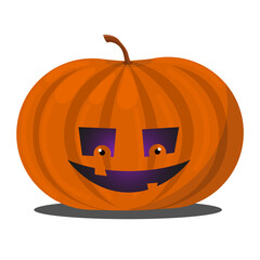 Sinister scary orange pumpkin for Halloween with light from the inside. Crazy face on pumpkin. Isolated on white background. Cartoon illustration.