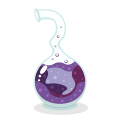 Glass vessel with a magic potion for Halloween. Love potion. Purple liquid with bubbles. Isolated on a white background. Cartoon illustration.