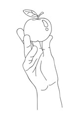 Hand holding an apple. Apple in hand icon. Concept of healthy lifestyle. Vegetarian or vegan food. Light snack. Dieting for weight loss. Positive thinking. Health care. Sketch, linear drawing