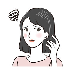 髪の悩み　白髪が出てきて悩む女性　イラスト