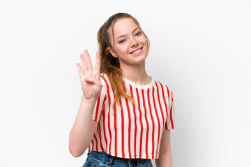 Young caucasian girl isolated on white background happy and counting four with fingers