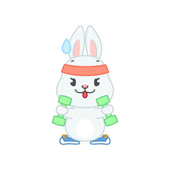 Cute sport bunny. Flat cartoon illustration of a funny little rabbit with headband and dumbbells isolated on a white background. Vector 10 EPS.