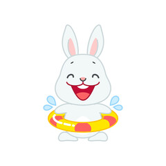 Cute bunny with swimming ring. Flat cartoon illustration of a happy little rabbit relax on water isolated on a white background. Vector 10 EPS.
