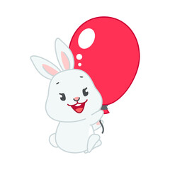 Cute bunny with ballon. Flat cartoon illustration of a funny little rabbit flying with a big red balloon isolated on a white background. Vector 10 EPS.
