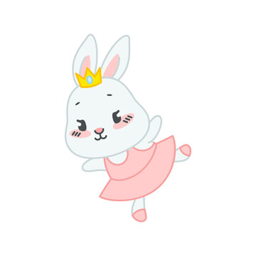 Cute ballet dancing bunny. Flat cartoon illustration of a little rabbit ballerina wearing a pink dress and a crown isolated on a white background. Vector 10 EPS.