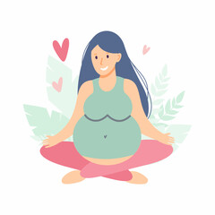 A pregnant woman is sitting in a lotus position doing yoga. Yoga and pregnancy. Vector illustration