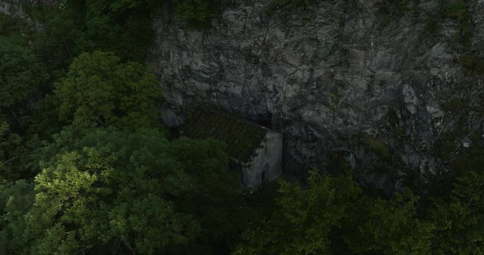 St. George Church, Orthodox Historic Church Hidden In Rocky Forest Mountains In Daba, Georgia. Aerial Drone Shot