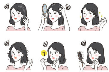 髪の悩みがある女性と美しい髪の女性 セット イラスト