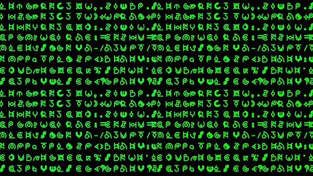 Motion graphics featuring lines of alien style hieroglyphs and written text rapidly changing in random sequences in small-sized green font - ideal for screen replacement content