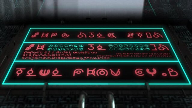 High quality 3D CGI render with smooth dolly towards a piece of alien technology with a reflective screen display showing a display of alien hieroglyphs changing in random sequences