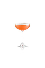 Raspberry sour cocktail in glass isolated on white background. Classic alcohol drink in champagne glass. Cocktail with egg foam. Citrus sour cocktail over white. - obrazy, fototapety, plakaty