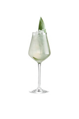 Classic Gin tonic cocktail with leaf isolated on white background. Transparent alcoholic cocktail with ice in wine glass. Alcoholic drink in minimal style. Summer aperitif with gin and tonic.