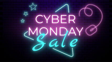 Web banner cyber monday sale, neon glowing effect for social media stories sale, web page, mobile phone. template design special offer
