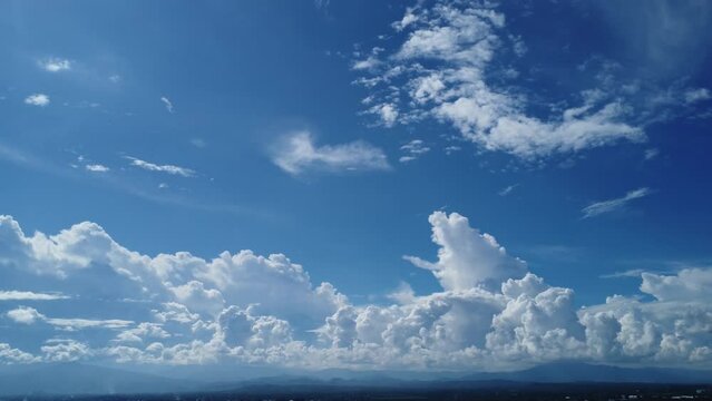 Aerial view of the blue sky with white clouds in summer day. Time lapse of white clouds and sunny blue skies. Natural background in motion. drone shooting clouds motion time