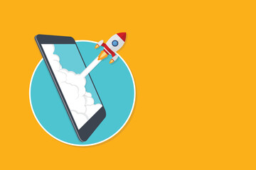 App launch. Startup vector concept, flat cartoon rocket or rocketship launch, mobile phone or smartphone, idea of successful business project start up, boost technology, innovation.	