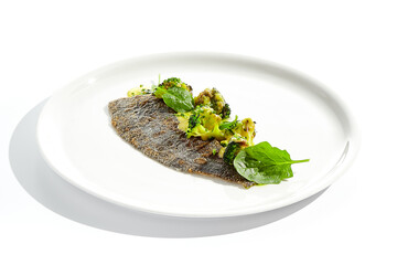 Roasted white fish with crispy skin, broccoli in beurre blanc sauce. Fried trout fillet with green vegetables in minimal style. Fish and broccoli on white plate in restaurant menu. Contemporary food.