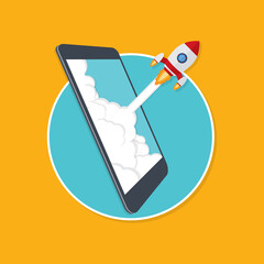 App launch. Startup vector concept, flat cartoon rocket or rocketship launch, mobile phone or smartphone, idea of successful business project start up, boost technology, innovation.	