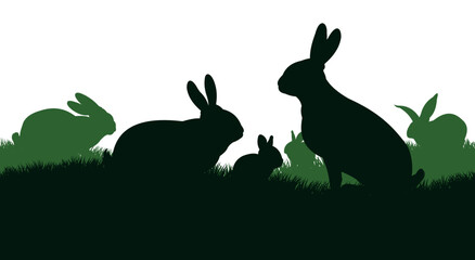Rabbits are grazing on grass hill. Picture silhouette. Farm pets. Fur animals. Isolated on white background. Vector