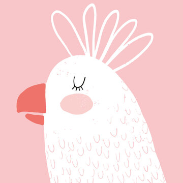 Cute Vector Illustration with Funny Hand Drawn White  Cockatoo Isolated on a Light Pink Background. Sweet Nursery Art with White Parrot ideal for Card, Wall Art, Poster, Decoration. Lovely Bird.
