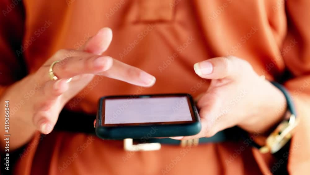 Aufkleber One woman browsing online and searching the internet while texting on a white digital screen online. Closeup of the hands of a person holding and scrolling on social media with a phone alone.