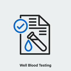 Well blood testing linear vector icon on light grey. Isolated outline pictogram of medical document with test tube and drop