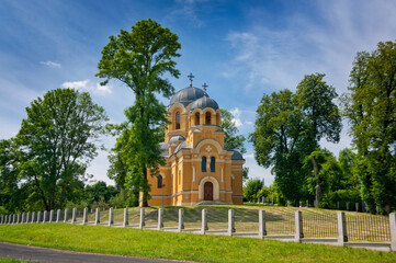 Orthodox church of St. Simeon Slupnik of 1910 built in neo-Byzantine style. Dolhobyczow, Lublin Voivodeship, Poland. - obrazy, fototapety, plakaty