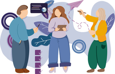 Office worker characters meeting concept. Businessman talking to colleagues siting at the desk with computer. Business people talking communication, discuss project, participate in business training