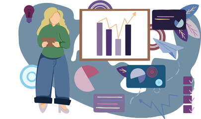 Businesswoman in suit making presentation explaining charts on board. Business seminar, Business meeting, teamwork, planning, conference, brainstorming in flat style, conceptual vector illustration.