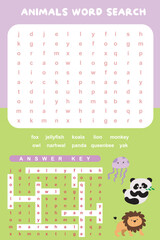 Animals Word Search worksheet. Educational worksheet for preschool. Vector illustration file.