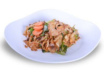 Stir-fried Noodles in Sweet Soy Sauce with Pork ( Pad See-Ew ) on white bowl for Thai food and isolate background with clipping path