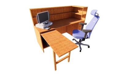 Desktop furniture office with chair concept 3d render illustration