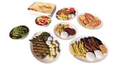 Plates set of food concept illustration buffet 3d render template