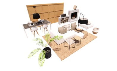 Interior of furniture decoration concept 3d render illustration home style