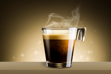 Black coffee in glass cup with steam, on brown background