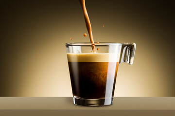 Pouring black coffee in glass cup, on brown background