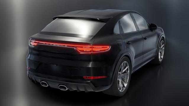 Berlin. Germany. June 12, 2022. Black Porsche Cayenne GTS Coupe 2020. 3d model of a sports SUV in a coupe body. 3d rendering.