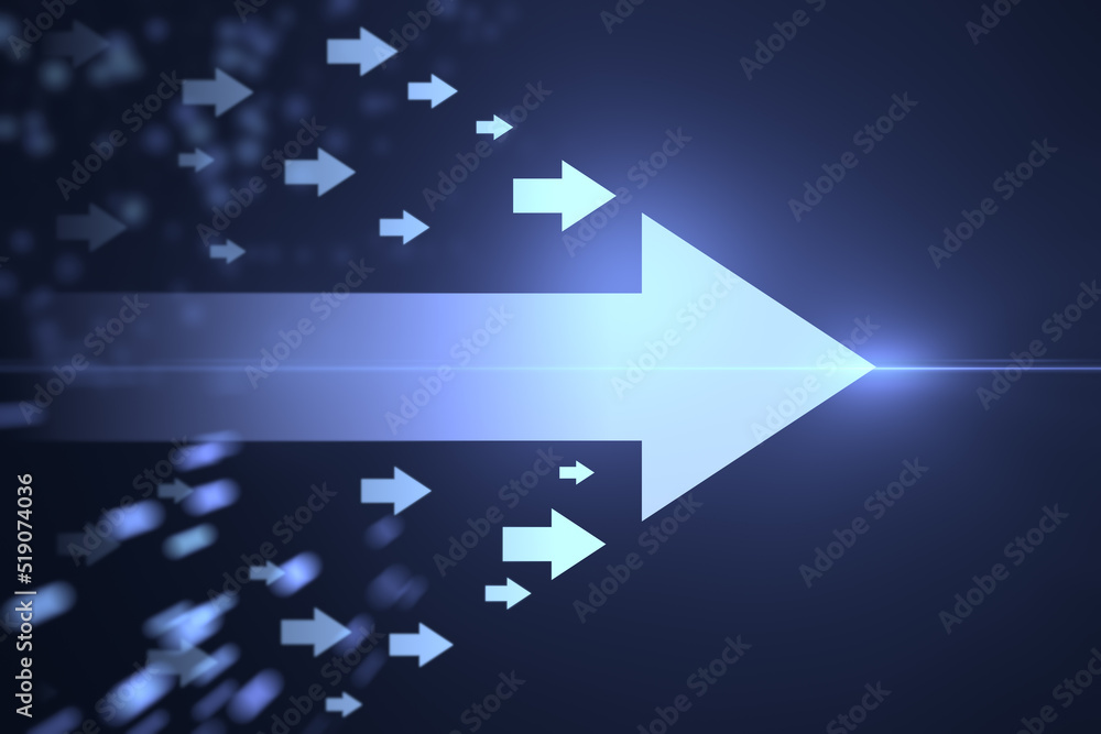 Poster abstract glowing digital arrows on blue wall background. future, innovation and fast concept. 3d ren