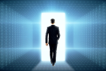 Obraz premium Back view of young male walking into metaverse world on glowing background. Meta, technology and innovation concept.