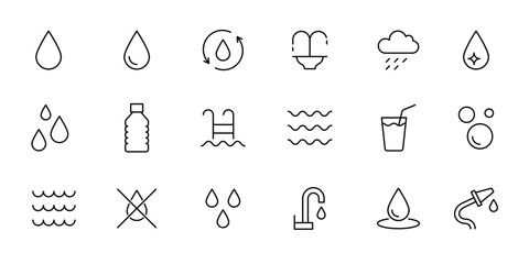 Water drop line icon set. Sea, ocean, shower pictogram. Editable stroke thin line water icon. Vector illustration - obrazy, fototapety, plakaty