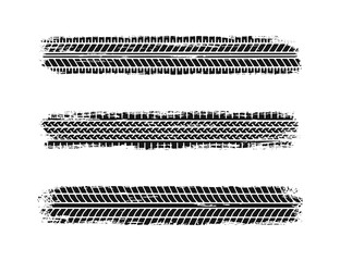 Auto tire tread grunge set. Car and motorcycle tire pattern, wheel tyre tread track. Black tyre print. Vector illustration isolated on white background. © Elena Pimukova