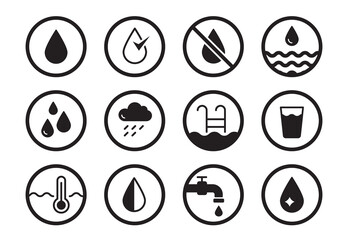 Water drop pictogram icon set. Eco, recycle water, sea care icon. Solid black shape symbol. Vector illustration.