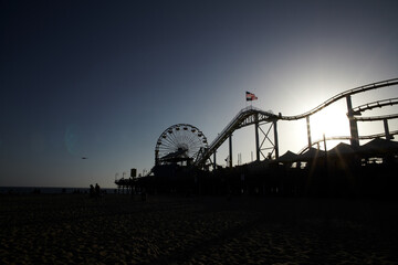 サンタモニカの風景、光、シルエット、カリフォルニア、観覧車、ビーチ