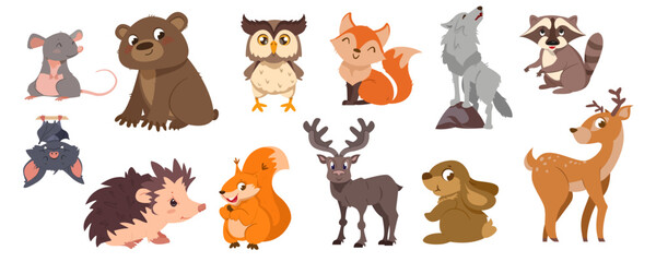 Obraz na płótnie Canvas Cute forest animals collection. Wild bear, funny squirrel, smiling fox and owl, hedgehog, deer. Wildlife biodiversity. Set of woodland characters for children books cartoon vector illustration.