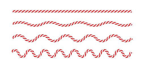 Christmas candy cane wave line with red and white striped. Xmas line with striped candy lollipop pattern. Christmas and new year element. Vector illustration isolated on white background. - 519074656