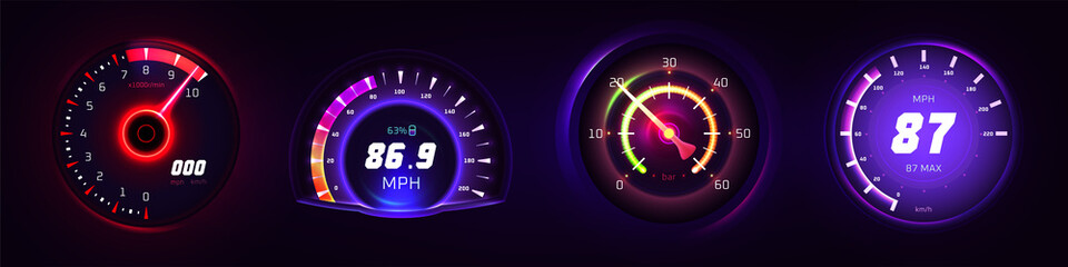 Car glowing speedometer, odometer and tachometer measure for auto digital dashboard realistic vector isolated on dark background. Speed counter, neon gauges with arrow or pointer for vehicle panel. - obrazy, fototapety, plakaty