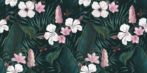 Tropical seamless pattern with exotic flowers and leaves. Dark floral background. Vintage style. Hand drawn 3d illustration. Luxury design for wallpapers, fabric, mural - obrazy, fototapety, plakaty