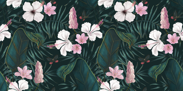 Tropical seamless pattern with exotic flowers and leaves. Dark floral background. Vintage style. Hand drawn 3d illustration. Luxury design for wallpapers, fabric, mural