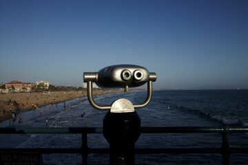 双眼鏡、サンタモニカ、海、空、観る、監視、安全、ノスタルジー